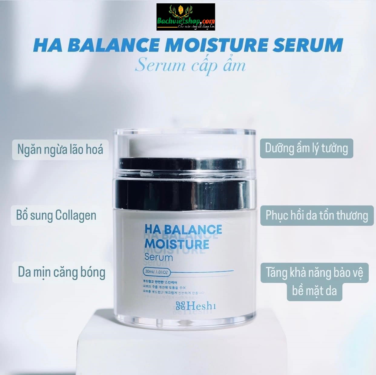 Serum dưỡng da HA Heshi dưỡng ẩm phục hồi đặc biệt hiệu quả cho làn da khô. Cảm nhận làn da mướt, mịn, khỏe mạnh sáng hồng ngay sau 1 lần sử dụng!