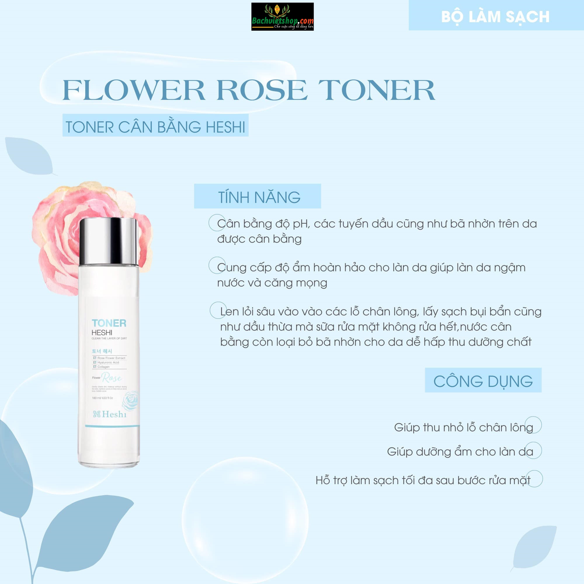Toner Heshi Flower Rose được thiết kế cho tất cả các loại da, không chỉ làm sạch mà còn mang lại cho da độ đàn hồi và dưỡng ẩm mạnh mẽ!
